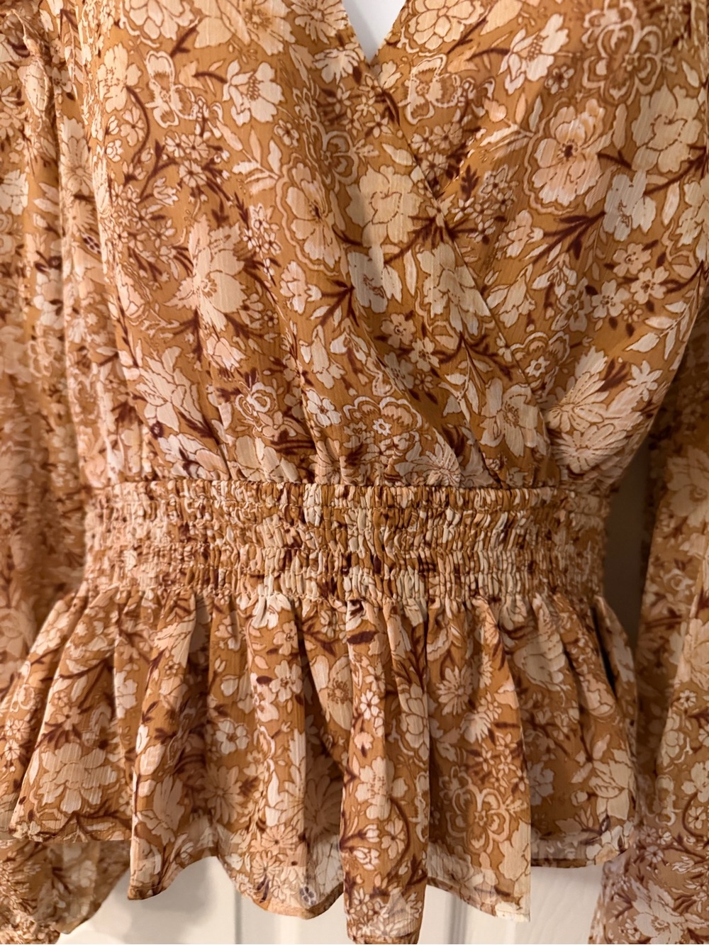 Express Tan Floral Wrap Peplum Blouse - Picture 2 of 4
